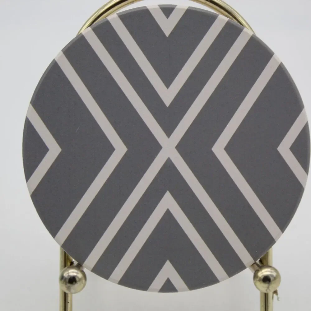 Absorbent Drink Ceramic Coasters & Holder Set of 6 w/Cork Back Grey White Stripe